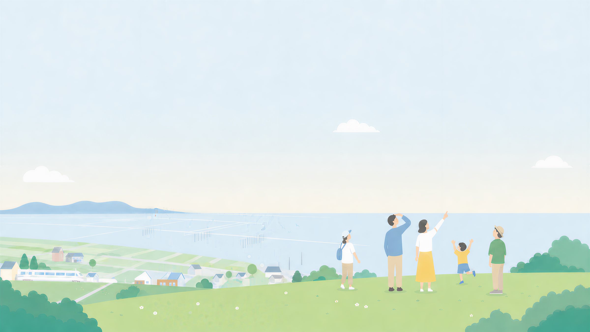 有明海を望む丘と、見上げる家族